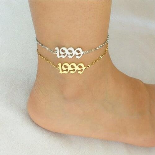 Old English Number Anklet Stainless Steel Year Jewelry Special Dates 1997 1998 2000 Cadena De Pie For Women Girl Birthday Gift