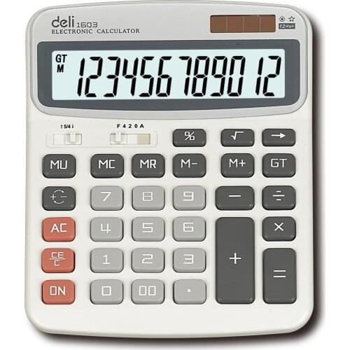 Deli-1603 12 digits Portable dual power Electronic calculator large button and display without AAA battery retail packing