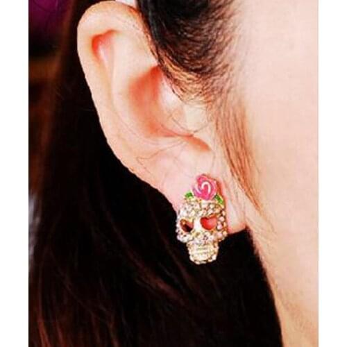Rose Skull Skeleton Stud Earrings For Women Punk Rock Crystal Jewelry Wholesale Drop Ship Color For Jewelry Decoration Gift