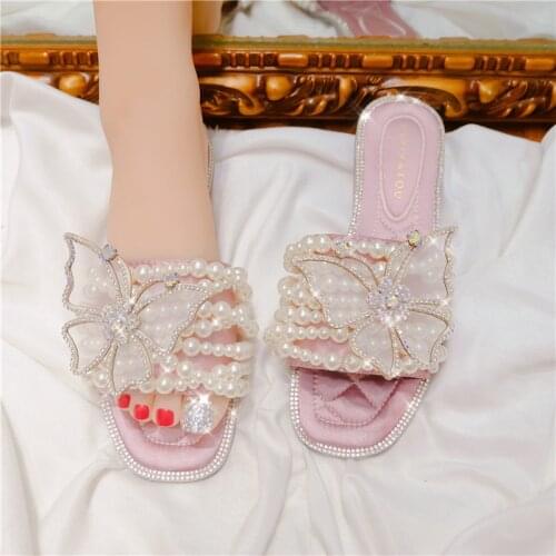 Pearl Flat Sandals for Women Diamond Butterfly Fairy Sweet Wind Wear Womens Shoes