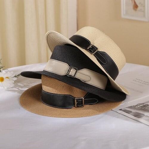 Summer Straw Hat For Women PU Leather Strip Decoration Large Brim Sun Protection Hat Elegant Fashion Portable Caps New