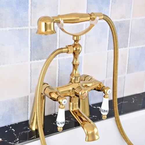 Deck Mounted Modern Polished Gold Brass Bathroom Tub Faucet Set with 150CM Handheld Shower Spray Head Bath Mixer Tap 2tf780