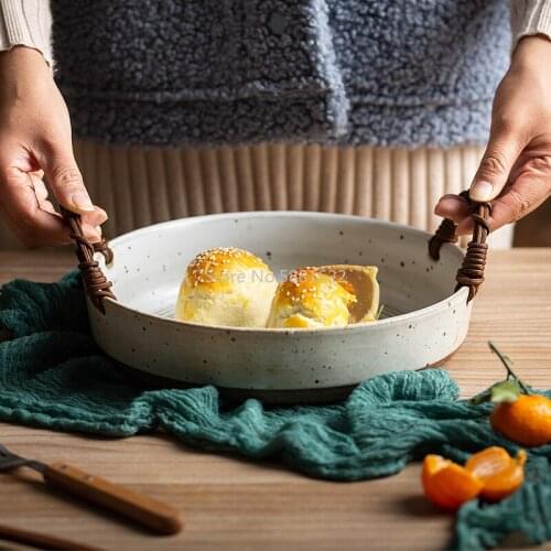 Retro Plate with Handle Ceramic Porcelain Tableware Fruit Tray Dish