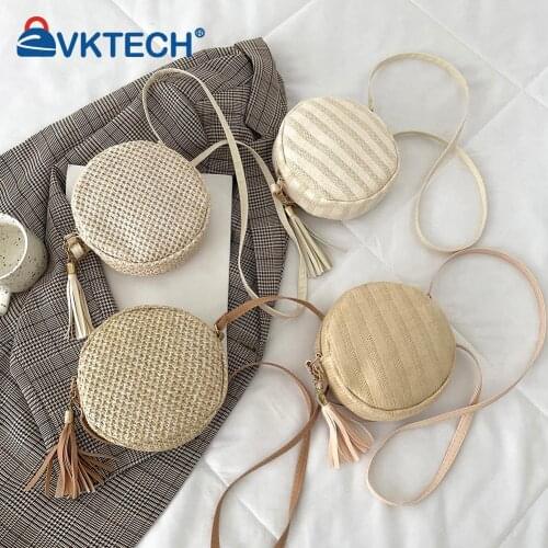 Vintage Round Woven Tassel Straw Shoulder Crossbody Messenger Bag Women Girls Summer Beach Handbag Mini Purse
