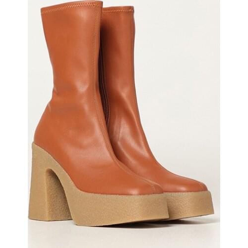 MUMANI Woman‘s Stretch ANKLE Boots Platform Super High Heel 9CM Leather Orange Square Toe Martin Boots Square Heel Modern Boots