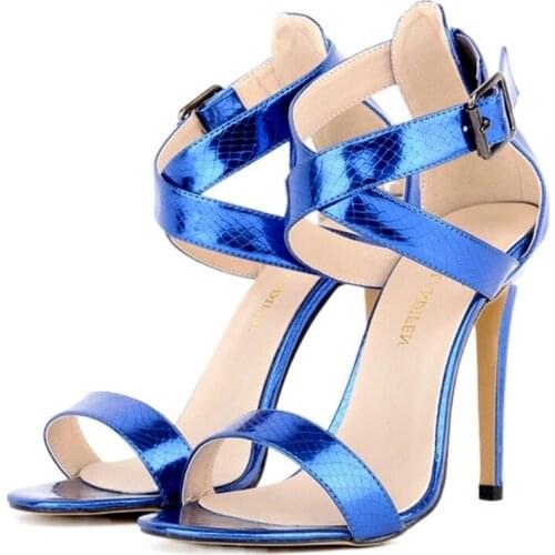 LOSLANDIFEN Womens Pumps 11cm Open Toe Ankle Straps High Heels Summer Faux Crocodile Wedding Shoes