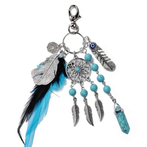 1PC Women Natural Turquoise Dreamcatcher Keychain Fashion Silver Boho jewelry Feather Leaf Car Key Rings
