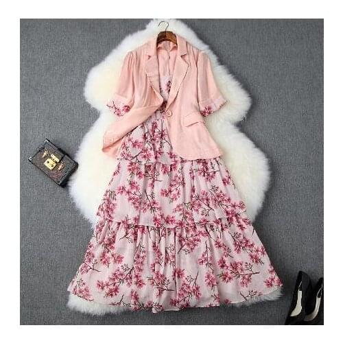 2019 spring and summer womens new one button slimming small suit jacket + printed cake suspender skirt suitT3673