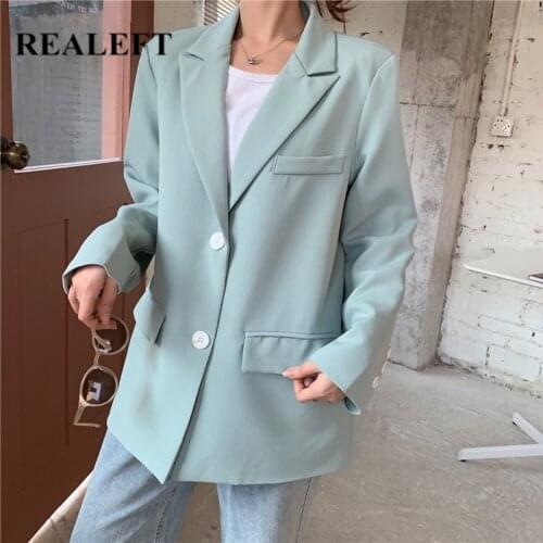REALEFT New 2021 Autumn Winter Loose Single Breasted Womens Blazers Black Female Formal Jackets Elegant Casual Outerwear Tops