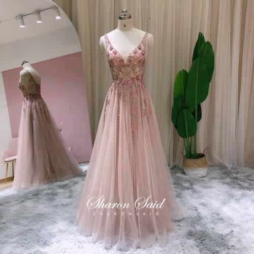 Blush Pink Floral Beaded Evening Gowns 2021 Sexy V-Neck Long Graduation Prom Dress for Women Wedding Formal Party Dresses Stock
