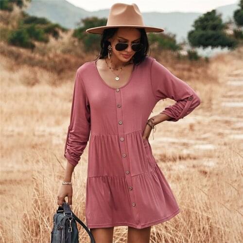Casual O Neck Full Sleeve Button Dress For Woman Summer Short Dress Spring New Solid Color Knitted Dress Women