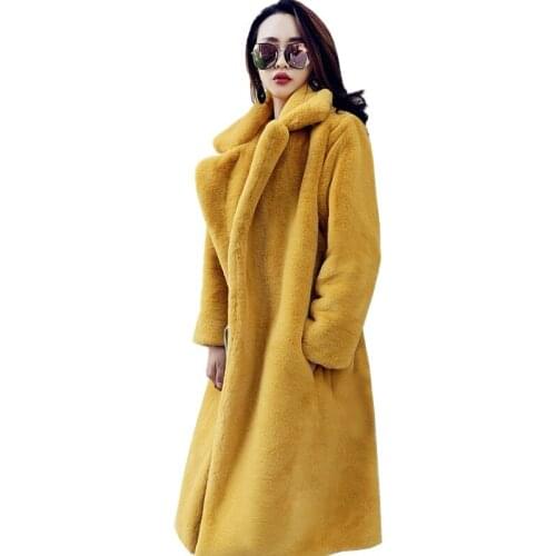 Womens Plus Size Winter High Quality Imitation Mink Fur Cashmere Coat Loose Lapel Coat Thick Warm Female Long Yellow Coat M076