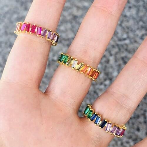 Gold Color Rainbow Baguette CZ Engagement Band Top Quality 5A Cubic Zirconia Colorful Finger Eternity Band Ring