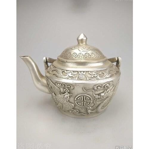 14CM copper silver plating carved dragon phoenix teapot pot statue
