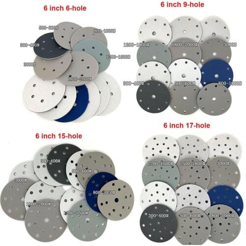 5pcs 150mm 6 / 9 / 15 / 17 Holes Hook and Loop Sanding Sponge 6 Inch Flocking Foam Sandpaper Wet Dry Sanding Discs 300-3000 Grit