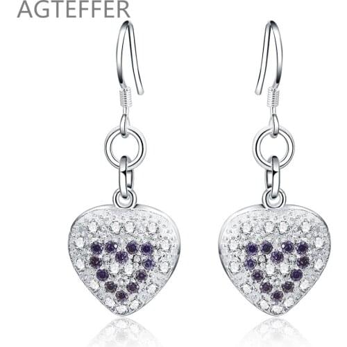 AGTEFFER 925 Sterling Silver Heart Purple Zircon Earring For Women Wedding Engagement Party Fashion Charm Jewelry