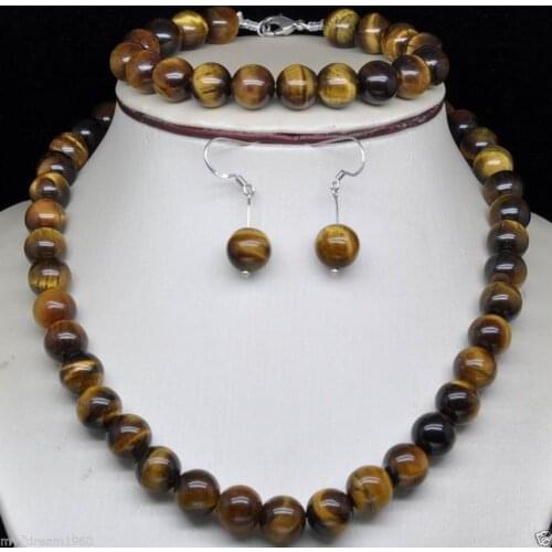 Nobility Quartz crystal 8mm Tiger Eye Stone Gem*stone Beads Necklace &Bracelet &Earring Set mujer for women silver-jewelry