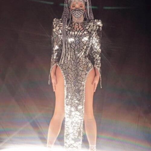 Shining Silver Mirror Reflective Women Dresses Long Sleeve Backless Mid-Calf Dresses Nightclub Dance Show Wear DS Dance Costume