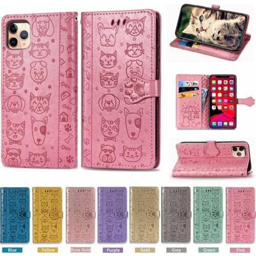 10pcs Cute Cat Dog Pattern PU Leather Wallet Card Slots Magnetic Flip Phone Case Cover for iPhone 11 Pro Max XS XR X 6 7 8 SE