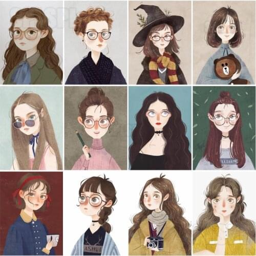 Diamond Painting Cartoon Cute Girl Hand-Painted Korean Fashion Girl with Big Eyes Curly Hair Wearing Glasses Home Decor Pictures
