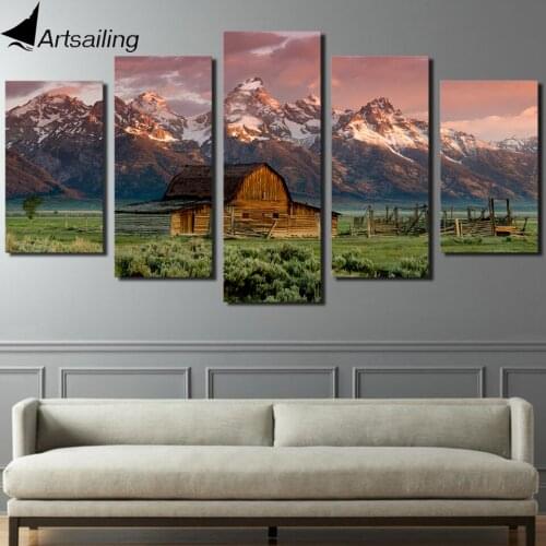 HD print 5 piece landscape canvas painting barn rocky mountains 5 piece paintings home decoration accessories