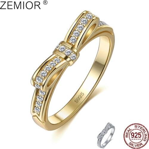 ZEMIOR Sterling Silver 925 Rings For Women Kpop Cute Initial Bow-knot Ring Shining 5A Cubic Zirconia Female Fine Jewelry Gift