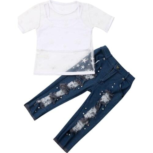 3PCS Set Kids Girls Summer Clothes Tank Tops Star Mesh T-shirt Ripped Jeans Denim Pant Outfits Fashion Clothing Set