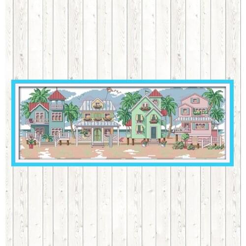 Joy Sunday Cross Stitch Set Seaside Villages Landscape Painting Aida Fabric for Embroidery Kit DMC DIY Crafts Printed on Canvas