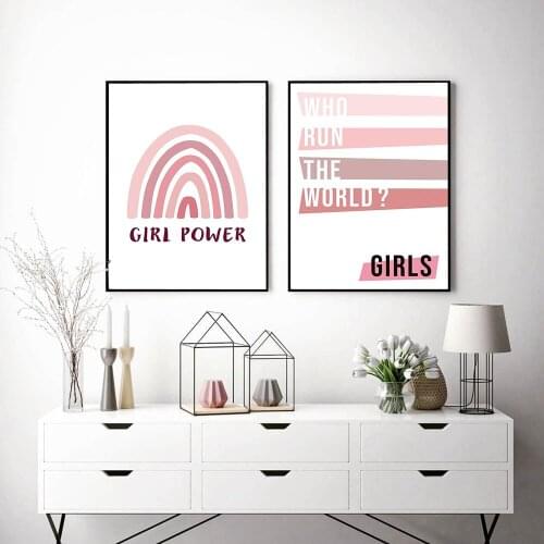 Girls Power Poster Who Run The World Art Print Minimalist Rainbow Canvas Painting Modern Quote Wall Picture Living Room Decor
