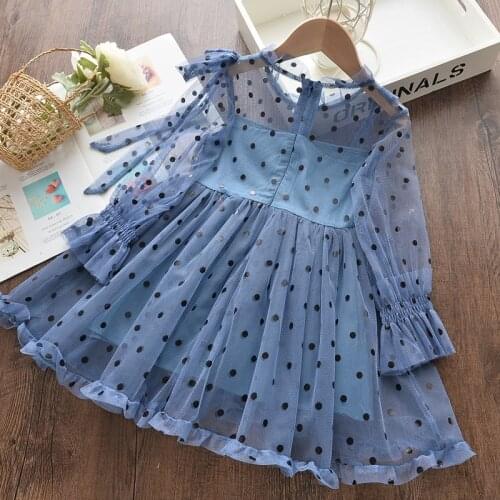 2021 Newly Small and Medium-sized Children Korean Girls Polka Dot Bow Princess Dress Girls Long-sleeved Mesh Skirt