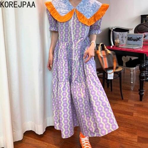 Korejpaa Women Dress 2021 Summer Korean Chic Ladies Retro Lapel Contrast Stitching Floral Loose Puff Sleeve Large Swing Vestidos