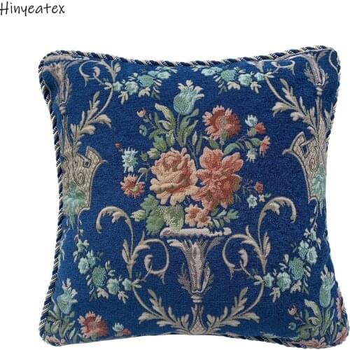 Luxury Floral French Flower Woven Jacqard Chenille Pillow Case Rope 45x45cm Dark Blue Cushion Cover Soft Sell by Pieces