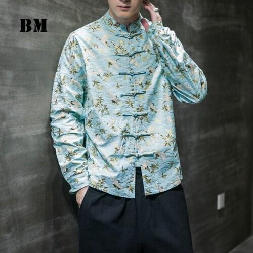 Chinoiserie Crane Hot Stamping Print Plus Size Shirt Men Clothing High Quality Retro Button Blouse Spring Autumn Floral Coat