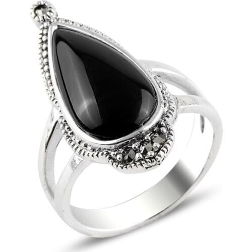 Silver 925 Sterling Onyx & Marcasite Ring