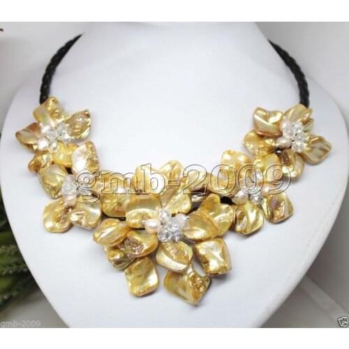 Hand Woven Yellow Shell 5 Flowers Pearl Crydtal Black Leather Bib Necklace 18"