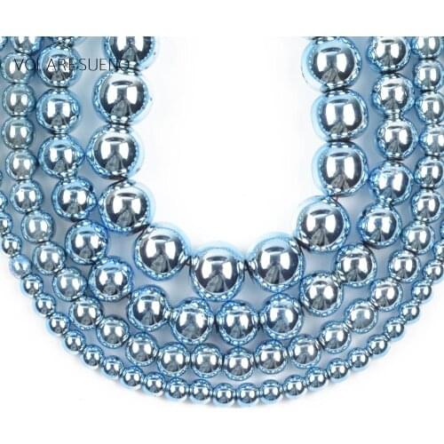 Light Blue Nano Vacuum Plating Hematite Stone Flat Round Beads For Jewelry Making 3-10mm Spacer Loose Beads Diy Bracelets 15"