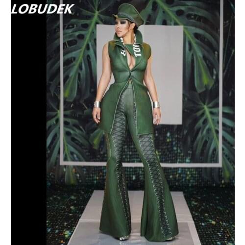 Tops+Hat+Pants) Sexy Women Set Sleeveless Vest Flared Trousers 3 Pieces Bar Nightclub Concert Stage Dance Outfit Singer Costume
