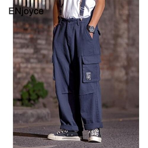 Japan Style Vintage Pockets Jumpsuit Men Loose Casual Streetwear Wide Leg Playsuit Cargo Pants Romper Strap Overalls