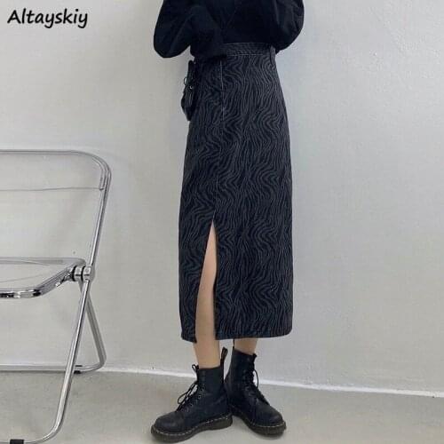 Mid-calf Length Skirts Women Zebra-striped Side-slit Korean Style Chic Trendy Popular Leisure Hipster Stylish Ulzzang College