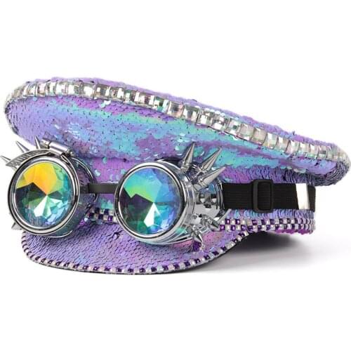 Sequin Burning Military Hat Women Steampunk Glasses Captain Sergeant Hat Performance Halloween Festival Part Hat