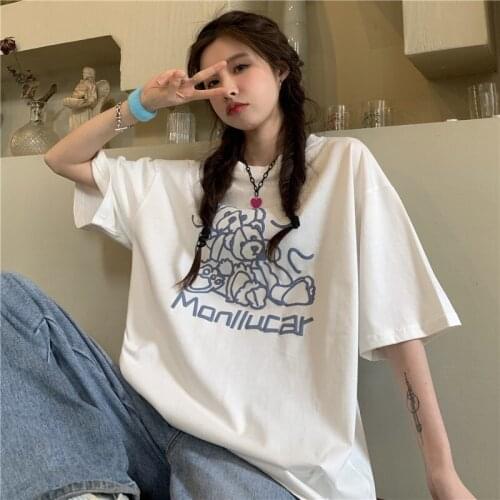 2021 summer Japanese retro design loose oversize bear print short-sleeved T-shirt loose top T-shirt women