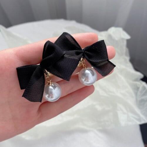 AENSOA Black Chiffon Bowknot Pearl Dangle Drop Earring Korean Elegant Cute Earrings For Women Fashion Charm Wedding Jewelry Gift