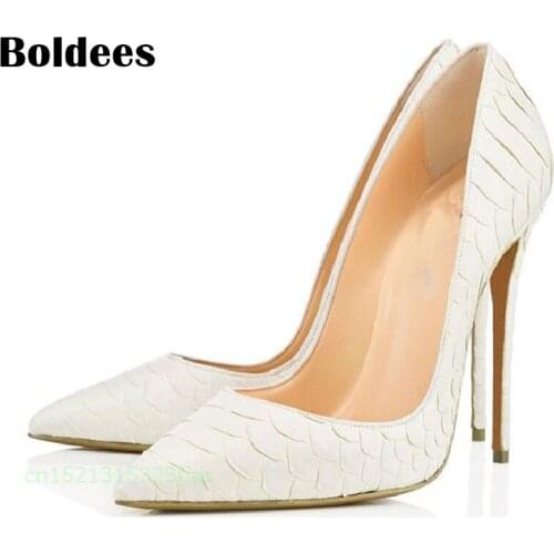Women Pumps 2018 Pointed Toe Slip on Python Pattern Leather High Heels Ladies White Grey Thin Heel Zapatos Mujer Plus Size