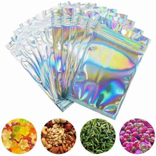 100pcs S/M/L Flat Zip lock Bath Salt Cosmetic Bag One Aluminum Mini Holographic Thick Foil Clear Side Bags