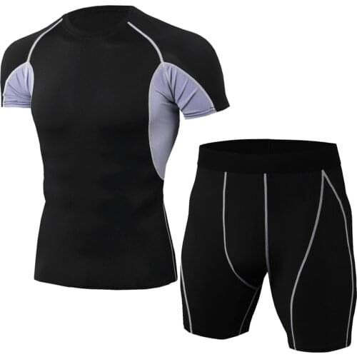 52# Men Running Sets Elastic T-shirt Shorts Sport Short Sleeves T Shirts Fitness Quick-drying Gym Leggings Sportswear Tight Suit