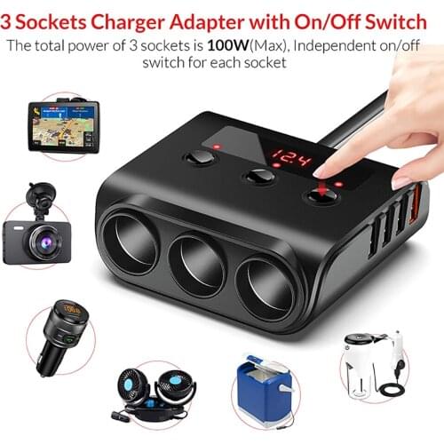 7-in-1 Cigarette Lighter Adapter 12V/24V QC 3.0 Universal Sockets Car Charger with 4 USB Charging Ports and 3 Cigarette Lighter