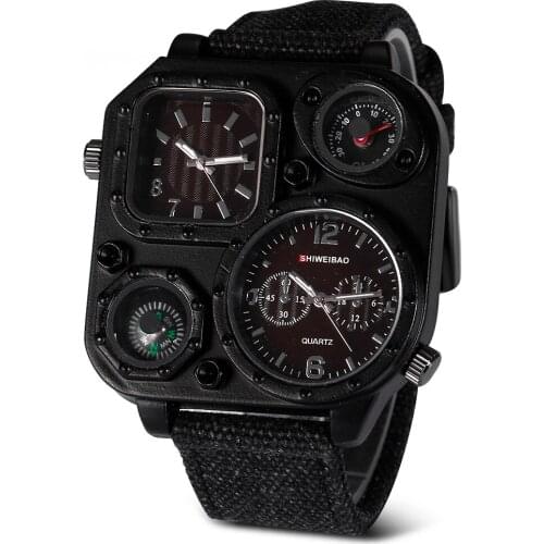 Black Canvas Square Case Quartz Watch Men Dual Times Mens Military Wrist Watches Compass Sports Wristwatch relogios masculino