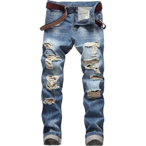 Denim Trousers High Quality Straight jeans Washed Ripped holes button Light blue slim fit jeans Streetwear Men Cowboy Pants sale