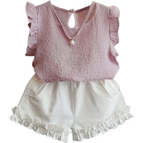 Summer Girls Children Fashion Casual Pearl Sleeveless Chiffon Blouse + Shorts Kids Suits 2pcs Clothing Sets