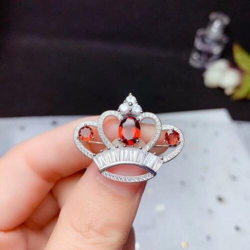 Crown style red garnet gem pendant of necklace for women jewelry natural gem 925 silver party gift gold plated souvenir brooch